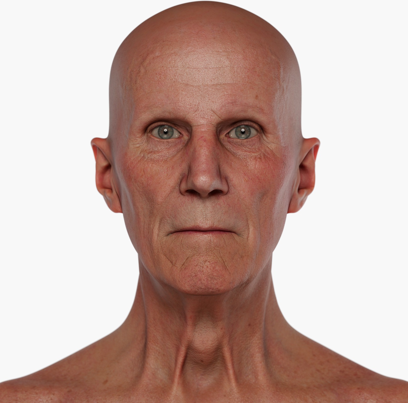 High-resolution head scan render of a lean older male with defined cheekbones and weathered skin detail